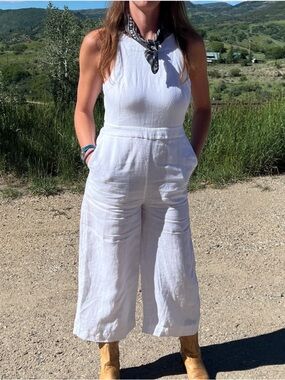 Boden Size 10 Petite White 100% Linen Halterneck Wide Leg Workwear Jumpsuit